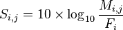 S_{i,j} = 10 \times \log_{10}\frac{M_{i,j}}{F_i}
