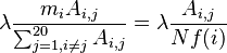 \lambda \frac{m_i A_{i,j}}{\sum_{j=1, i \ne j}^{20} A_{i,j}} = \lambda \frac{A_{i,j}}{N f(i)}