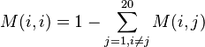 M(i,i) = 1 - \sum_{j=1, i \ne j}^{20} M(i,j)