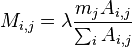 M_{i,j} = \lambda \frac{m_j A_{i,j} }{\sum_i A_{i,j} }