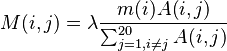 M(i,j) = \lambda \frac{m(i) A(i,j) }{\sum_{j=1, i \ne j}^{20} A(i,j) }
